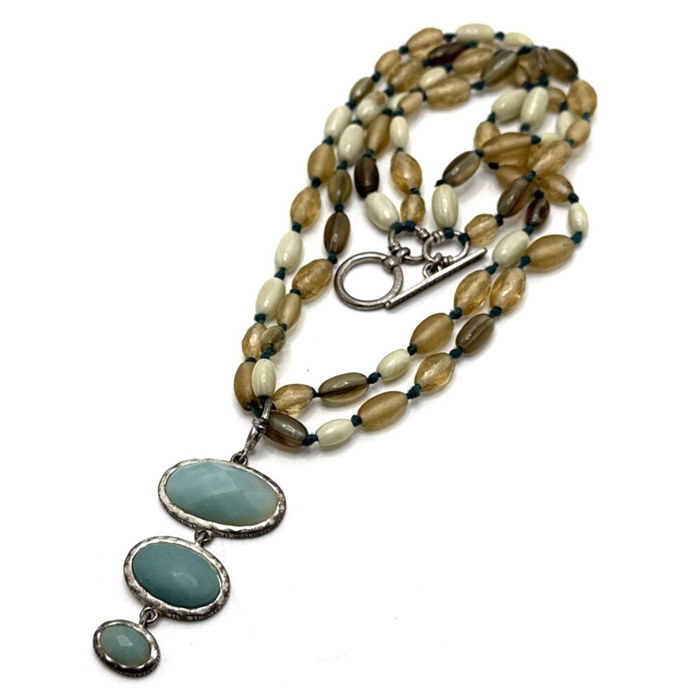 SIGRID OLSEN Aqua Chalcedony Pendant Necklace Silver Tone Beaded Boho Statement